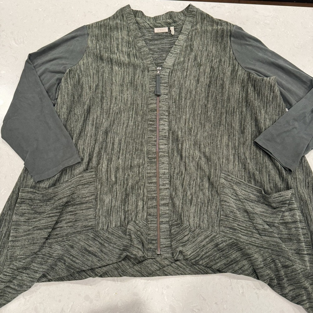 LOGO By Lori Goldstein Tunic Women Plus Size 2X Green Full Zip Pockets Cardigan